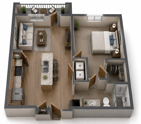 Floor plan for 1 bed, 1 bath, 607 sqft